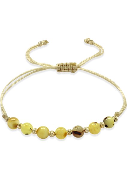 Makrome Örgülü Krem Ipli Dorika Top Süslemeli Sarı Beyaz Renk Doğal Damla Kehribar Kadın Bileklik fiyatları