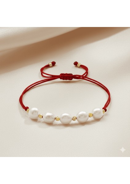 Makrome Örgülü Naturel Kesim Kırmızı Ipli Sarı Dorika Top Süslemeli Doğal Inci Kadın Bileklik fırsatları