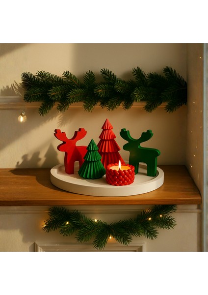 Yılbaşı Dekor Seti – Çam Ağaçları, Geyik Figürü, Örgü Mum ve Büyük Tepsi (5 Parça)