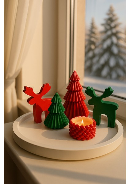Yılbaşı Dekor Seti – Çam Ağaçları, Geyik Figürü, Örgü Mum ve Büyük Tepsi (5 Parça) fiyatları