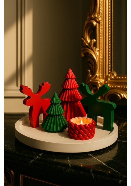 Yılbaşı Dekor Seti – Çam Ağaçları, Geyik Figürü, Örgü Mum ve Büyük Tepsi (5 Parça) modelleri