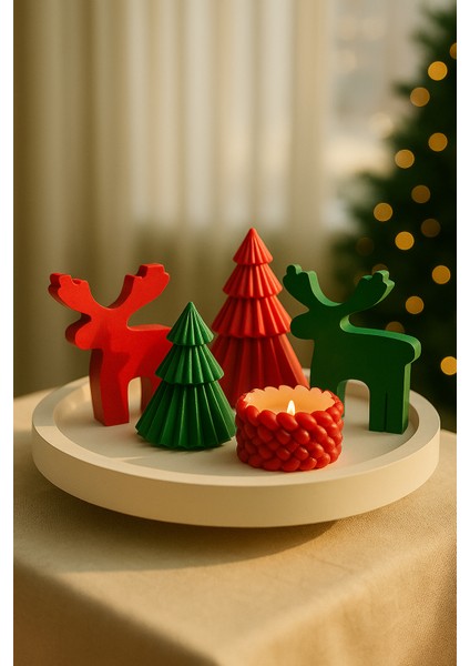 Yılbaşı Dekor Seti – Çam Ağaçları, Geyik Figürü, Örgü Mum ve Büyük Tepsi (5 Parça) fırsatları