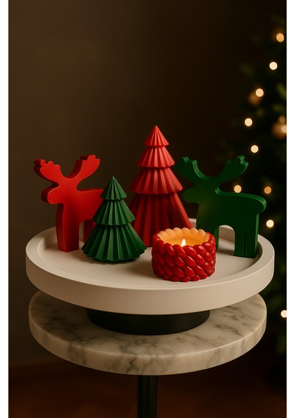 Yılbaşı Dekor Seti – Çam Ağaçları, Geyik Figürü, Örgü Mum ve Büyük Tepsi (5 Parça) indirimleri