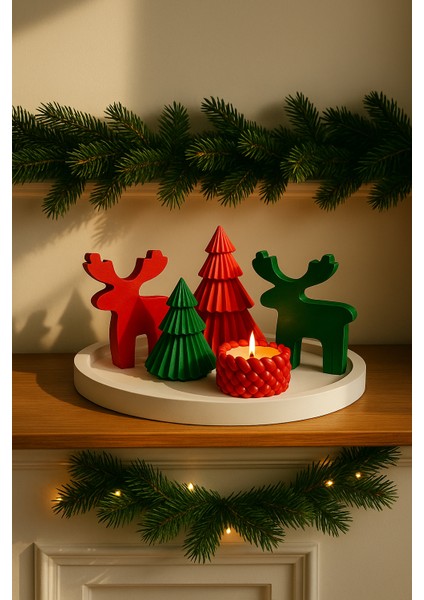 Yılbaşı Dekor Seti – Çam Ağaçları, Geyik Figürü, Örgü Mum ve Büyük Tepsi (5 Parça)