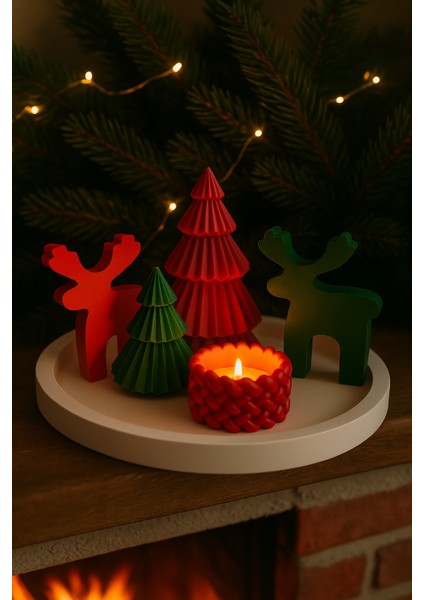 Yılbaşı Dekor Seti – Çam Ağaçları, Geyik Figürü, Örgü Mum ve Büyük Tepsi (5 Parça)
