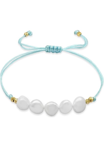 Makrome Örgülü Naturel Kesim Su Yeşili Ipli Sarı Dorika Top Süslemeli Doğal Inci Kadın Bileklik