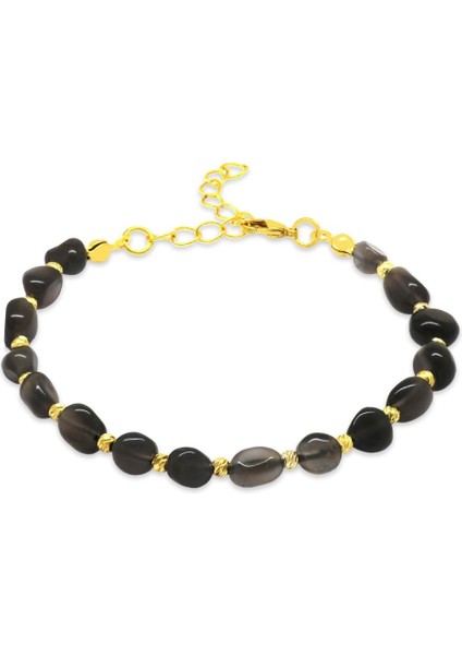 Altın Renk Metal Zincirli Dorika Top Süslemeli Amorf Dumanlı Kuvars Doğaltaş Kadın Bileklik