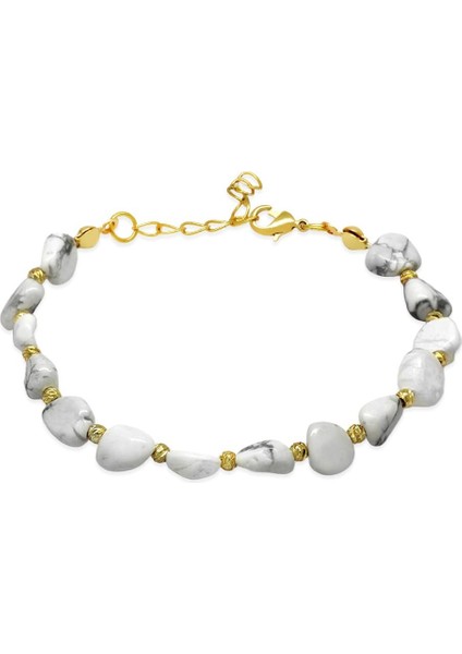 Altın Renk Metal Zincirli Dorika Top Süslemeli Amorf Havlit Doğaltaş Kadın Bileklik