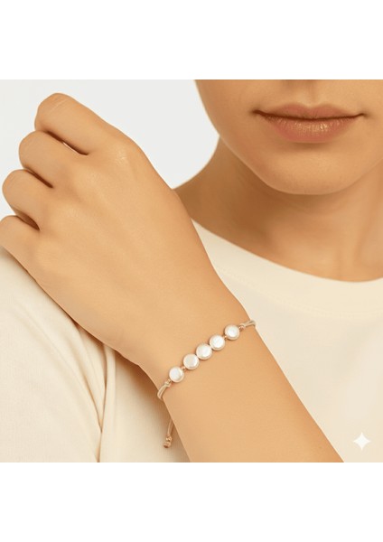 Makrome Örgülü Naturel Kesim Pembe Ipli Sarı Dorika Top Süslemeli Doğal Inci Kadın Bileklik modelleri