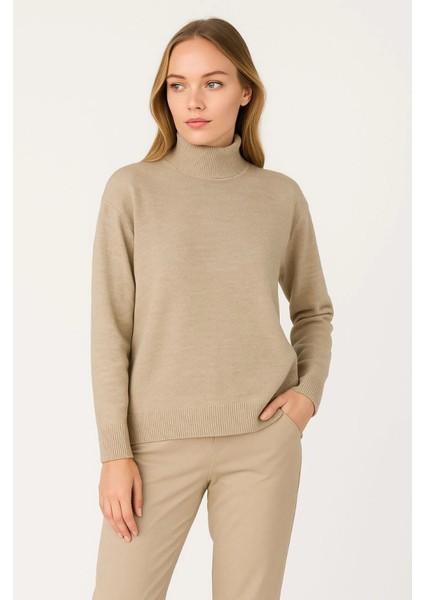 Yarım Boğaz Triko Kazak Yumuşak Dokulu Pamuklu Ince Dokuma, Uzun Kollu Rahat Regular Kalıp - Bej fırsatları