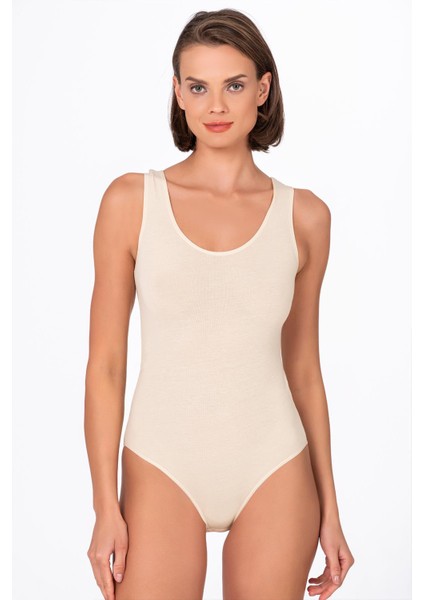 Kadın Pamuklu Likralı Süprem Kalın Askılı Kancalı Çıtçıtlı Body Zıbın | Ten K0602