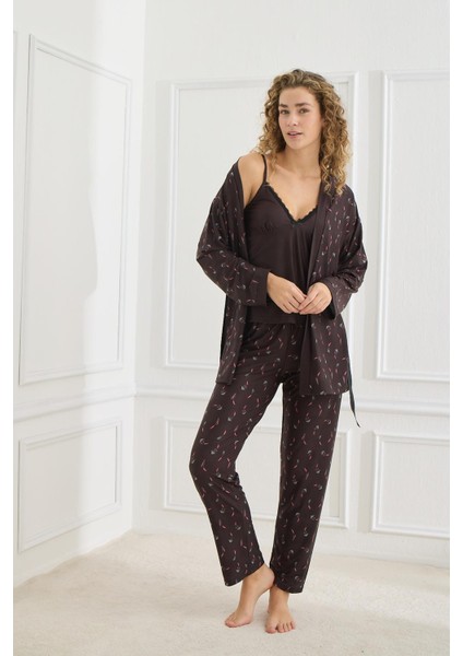 Kadın Desenli Ip Askılı Sabahlıklı 3'lü Pijama Takım | Siyah 30201-952