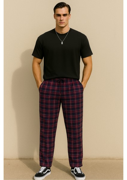 Erkek %100 Pamuk Cepli Ekose Pijama Altı | Bordo