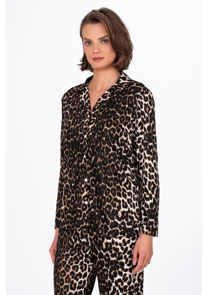 Kadın Süet Önden Düğmeli Pijama Takımı | Leopar modelleri