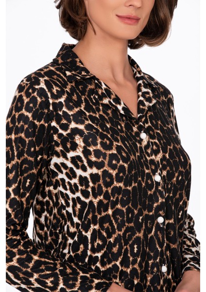 Kadın Süet Önden Düğmeli Pijama Takımı | Leopar fırsatları
