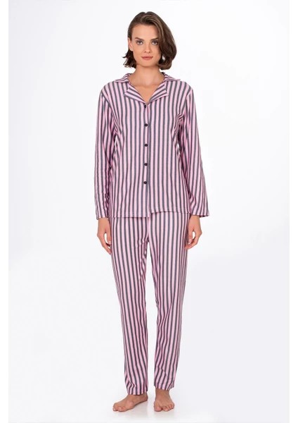 Kadın Süet Önden Düğmeli Pijama Takımı | Çizgili Pembe