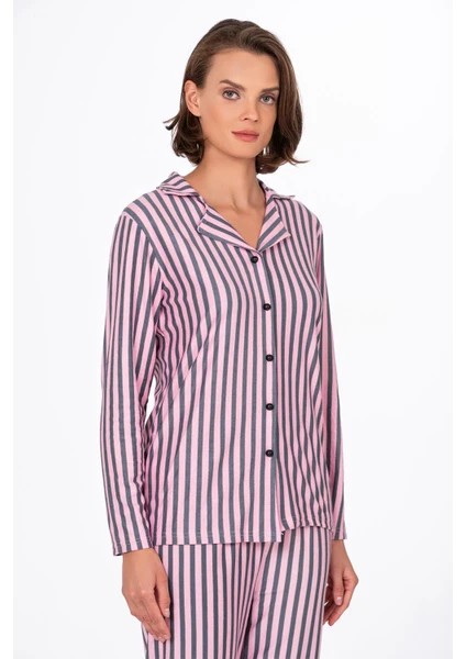 Kadın Süet Önden Düğmeli Pijama Takımı | Çizgili Pembe modelleri