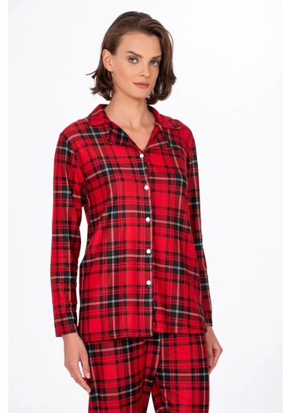 Kadın Süet Önden Düğmeli Pijama Takımı | Ekose Kırmızı modelleri