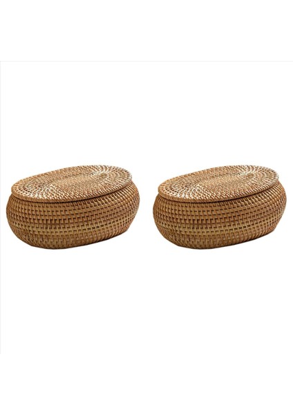 2x Rattan Kutu Saklama Sepetleri Kapaklı Rattan Sepet El Dokuma Yuvarlak Dokuma Sepet Masaüstü Dekoratif Kutu Ev Için (Yurt Dışından)