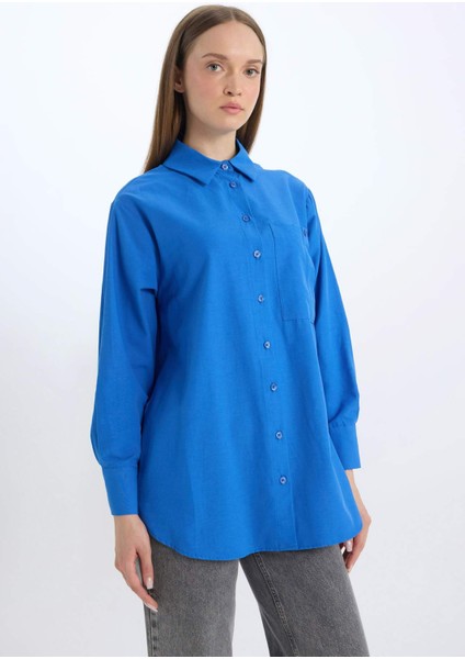 Relax Fit Poplin Basic Düz Beyaz Uzun Kollu Gömlek Tunik D7342AX25SP