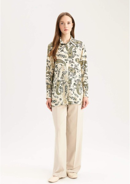 Relax Fit Gömlek Yaka Desenli Viskon Uzun Kollu Tunik D7348AX25SP