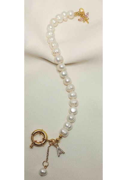 Gerçek Inci Zirkon Taş Harfli Yusufçuk Detaylı Gemici Kilitli Altın ve Charm Takılan Bileklik modelleri