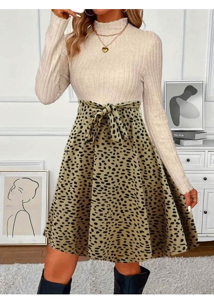 Kadın Uzun Kollu Balıkçı Yaka Belden Bağlamalı Üst Kaşkorse Eteği Dalgıç Elbise