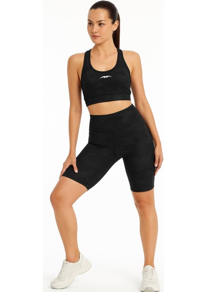 Kadın Siyah Crop Şort Kamuflaj Desenli Takım Baskı Detaylı B2089-D742-1