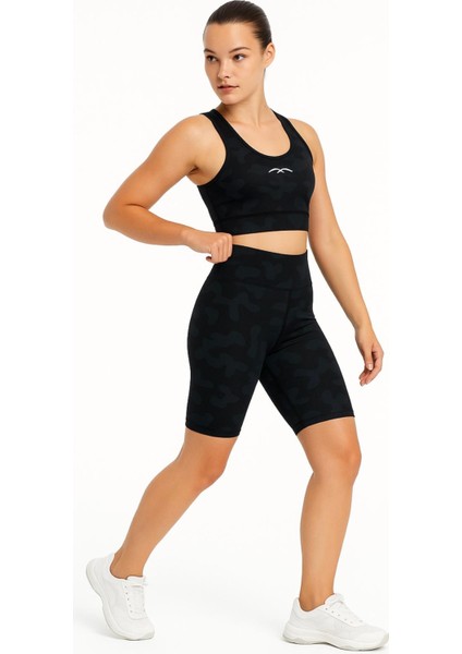 Kadın Siyah Crop Şort Kamuflaj Desenli Takım Baskı Detaylı B2089-D742-1 fiyatları