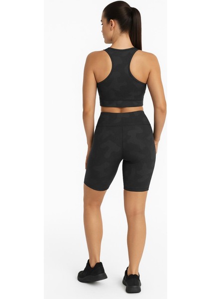 Kadın Siyah Crop Şort Kamuflaj Desenli Takım Baskı Detaylı B2089-D742-1 modelleri