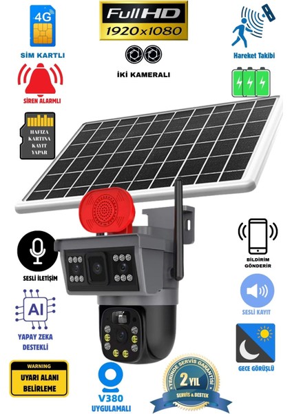 4g Sim Kartlı Solar Güneş Enerjili Full Hd Çift Kameralı Extra Ledli Akıllı Smart Güvenlik Kamerası