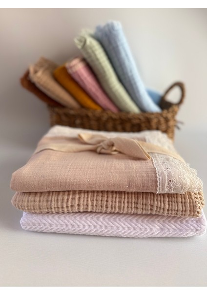 Taşlı Kurdele Fistolu Premium Organik 3’lü Set| Müslin Örtü & Pike Seti | Oeko-Tex® Sertifikalı | %100 Pamuk