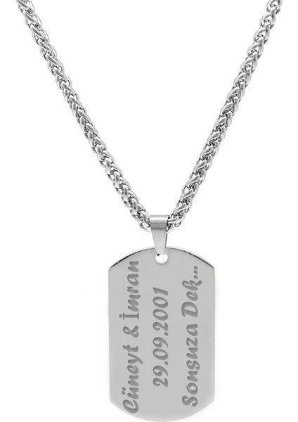 Oval Tasarım Isme Özel Yazılı Gümüş Renk Çelik Erkek Kolye