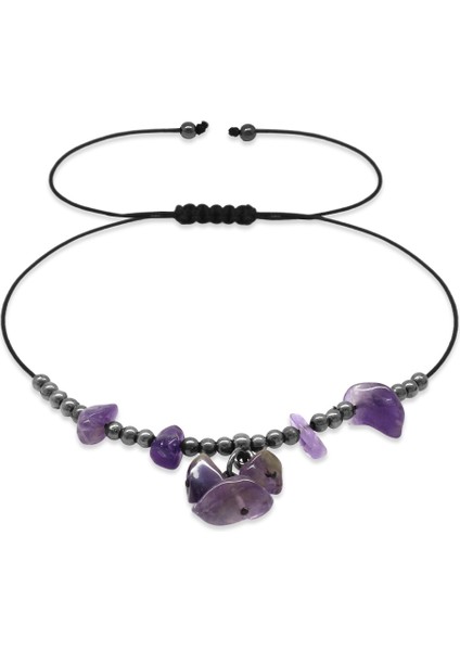 Makrome Örgülü Natural Kesim Ametist Doğaltaş Halhal