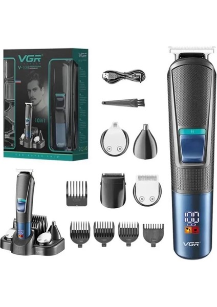 V-108 10 In 1 Profesyonel Erkek Bakım Seti - Standlı, LED Ekranlı Saç Sakal ve Vücut Tıraş Makinesi