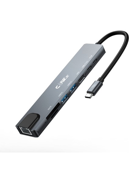 CHUB008-P 8in1 100W Hızlı Şarj Özellikli Çevirici Hub Çoklayıcı (1x 4K HDMI *1x Usb-C 100W Şarj *1x Usb-C Data *1x USB 3.0 5gbps *1x USB 2.0 480 Mbps 1x RJ45 Ethernet Port *2x Tf/sd)