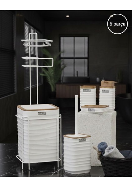 Beyaz Ahşap Dalgalı Desenli Yedekli Wc Kağıtlık ve 6 Parça Banyo Seti