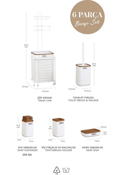 Beyaz Ahşap Dalgalı Desenli Yedekli Wc Kağıtlık ve 6 Parça Banyo Seti fiyatları