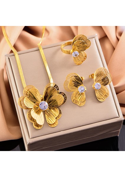 Yeni Içi Boş Çift Çiçek Üç Parçalı Kolye Hafif Lüks Kıdemli Zirkonya Inci Küpe Seti Kadın Duygusu (Yurt Dışından)