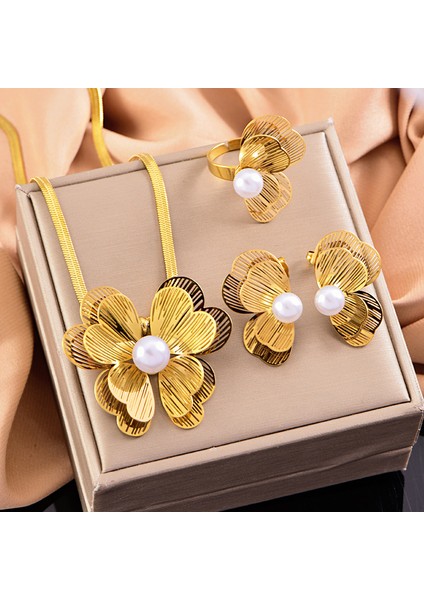 Yeni Içi Boş Çift Çiçek Üç Parçalı Kolye Hafif Lüks Kıdemli Zirkonya Inci Küpe Seti Kadın Duygusu (Yurt Dışından)