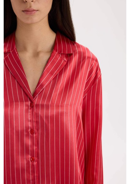 Pijama Takım Saten Uzun Kollu Düğmeli Üst Beli Lastikli Uzun Alt-Fall in Love