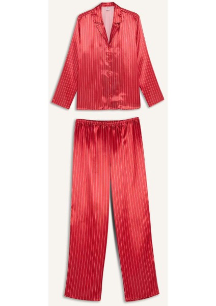 Pijama Takım Saten Uzun Kollu Düğmeli Üst Beli Lastikli Uzun Alt-Fall in Love