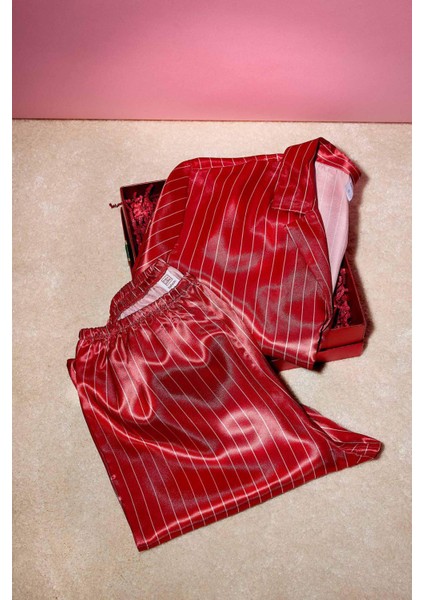 Pijama Takım Saten Uzun Kollu Düğmeli Üst Beli Lastikli Uzun Alt-Fall in Love