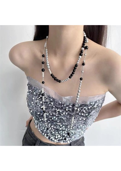 Hafif Lüks Stil Yığılmış Inci Kolye Sonbahar ve Kış Jumper Zinciri Kadın Moda Gelgit Serin Tasarım Takı Kıdemli Duygusu (Yurt Dışından)