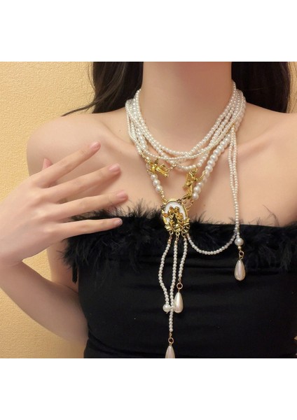Hafif Lüks Stil Yığılmış Inci Kolye Sonbahar ve Kış Jumper Zinciri Kadın Moda Gelgit Serin Tasarım Takı Kıdemli Duygusu (Yurt Dışından)