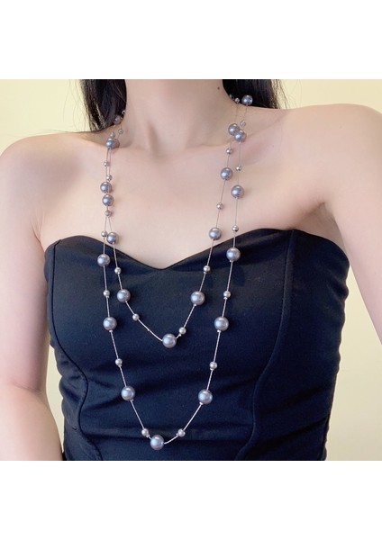 Hafif Lüks Stil Yığılmış Inci Kolye Sonbahar ve Kış Jumper Zinciri Kadın Moda Gelgit Serin Tasarım Takı Kıdemli Duygusu (Yurt Dışından)