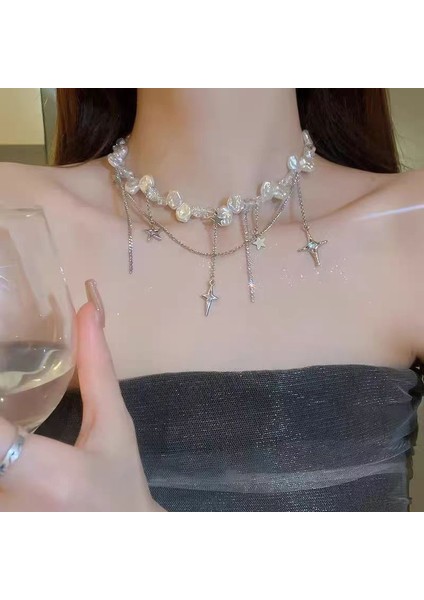 Hafif Lüks Stil Yığılmış Inci Kolye Sonbahar ve Kış Jumper Zinciri Kadın Moda Gelgit Serin Tasarım Takı Kıdemli Duygusu (Yurt Dışından)