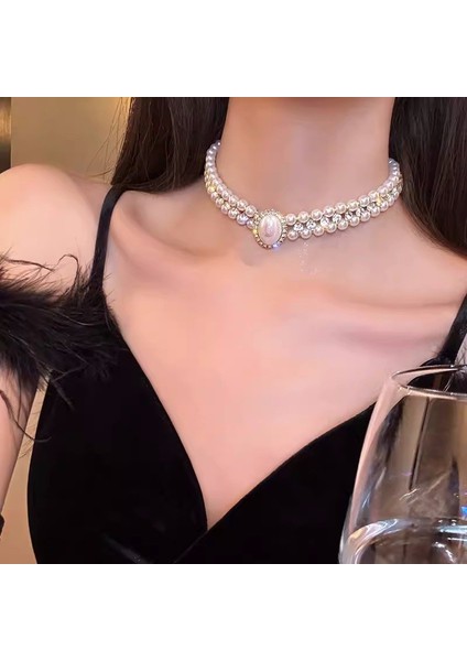 Hafif Lüks Stil Yığılmış Inci Kolye Sonbahar ve Kış Jumper Zinciri Kadın Moda Gelgit Serin Tasarım Takı Kıdemli Duygusu (Yurt Dışından)