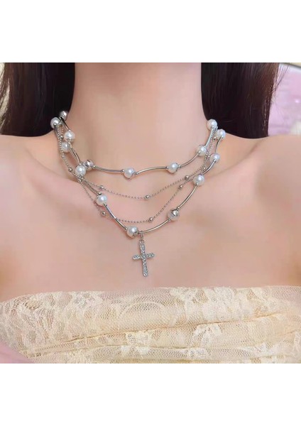 Hafif Lüks Stil Yığılmış Inci Kolye Sonbahar ve Kış Jumper Zinciri Kadın Moda Gelgit Serin Tasarım Takı Kıdemli Duygusu (Yurt Dışından)