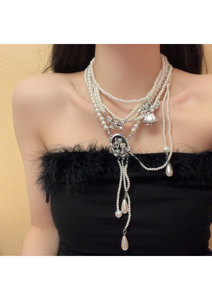 Hafif Lüks Stil Yığılmış Inci Kolye Sonbahar ve Kış Jumper Zinciri Kadın Moda Gelgit Serin Tasarım Takı Kıdemli Duygusu (Yurt Dışından)